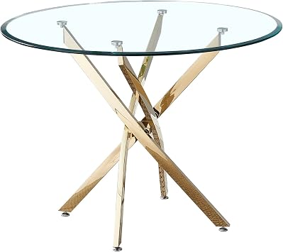 36 Round Dining Table for 4, Round Glass Dinner Table with Tempered Glass Top, Small Round Glass Dining Room Table with Stainless Steel Legs, Round Glass Kitchen Table for Kitchen Gold
