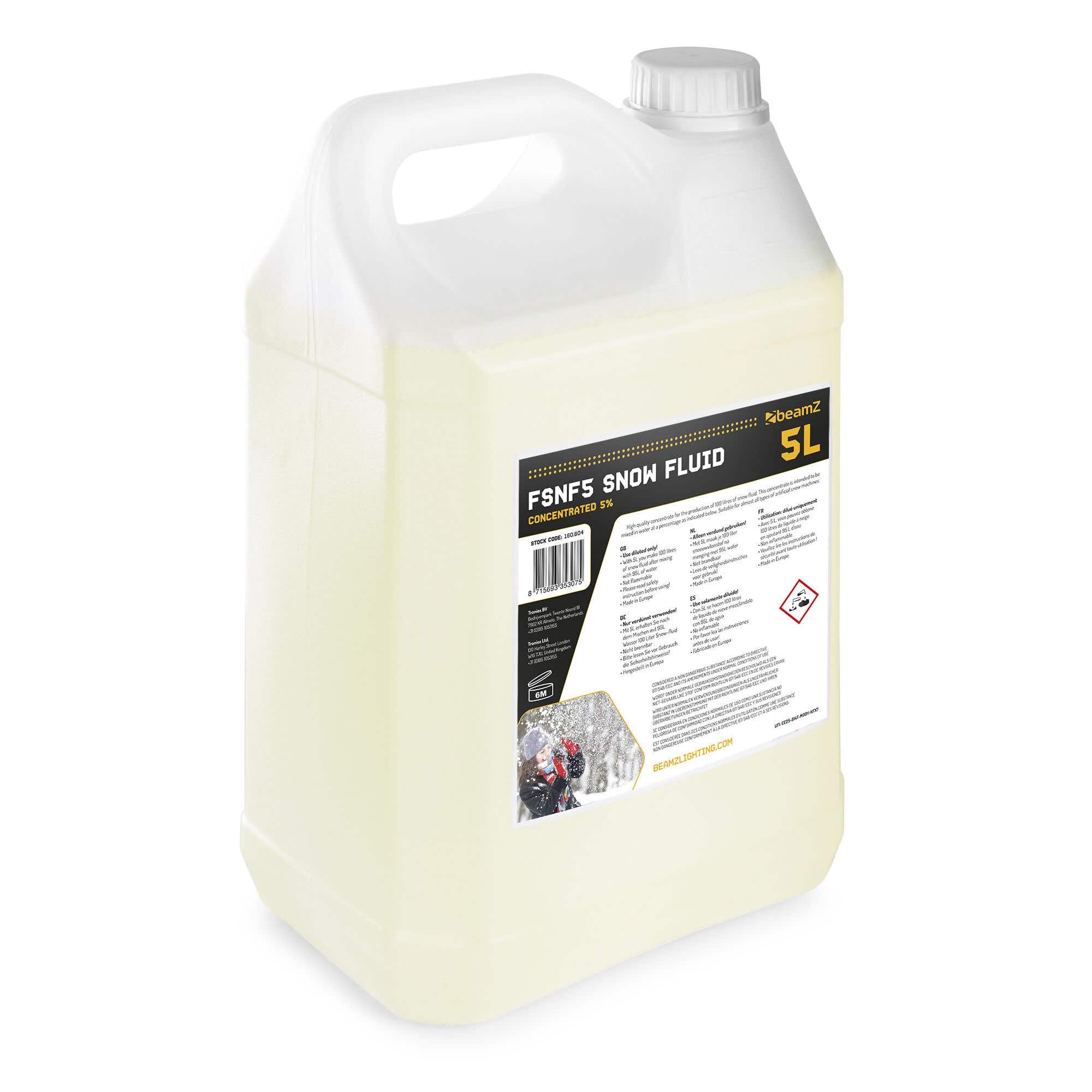 Beamz FSNF5 Líquido para Máquinas de Nieve Concentrado 5L, CREA 100L de Líquido para Nieve, Líquido para Máquinas de Nieve no inflamable para Efectos realistas, Compatible Amplia Gama de máquinas