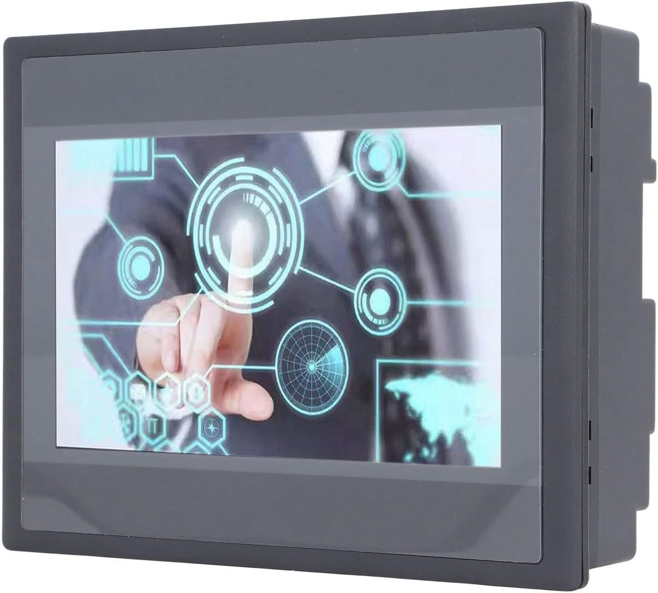 Close-up of the HMI Touch Screen display showing a graphical user interface with a hand interacting with a touch element.