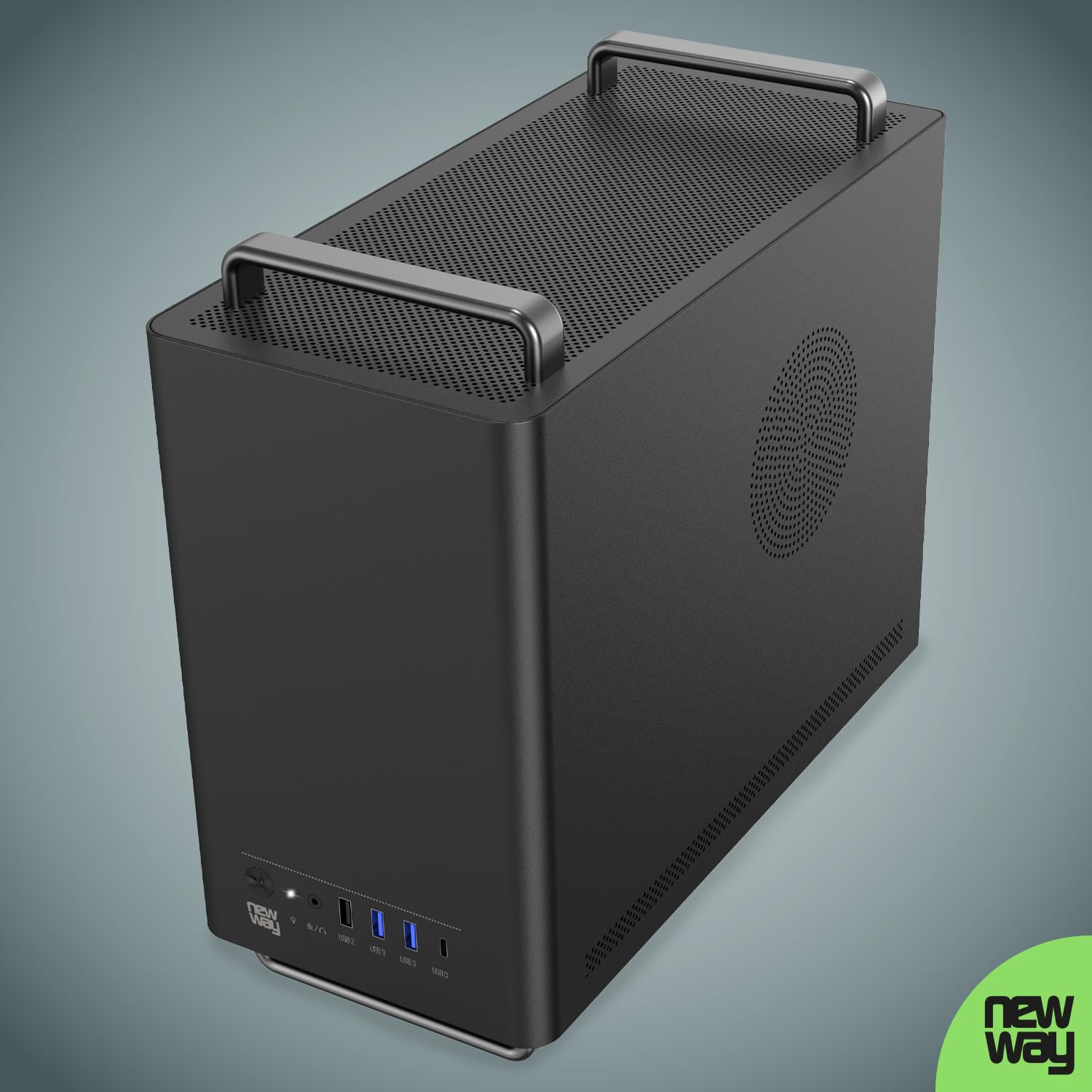 NEWWAY NC1 Case PC Mini Tower Portatile - Compatibile con Mini-ITX, ITX, Micro-ATX - USB Tipo C - 1 x Ventola Inclusa 9MM 3 PIN Molex - Parete in Rete Metallica - Nero