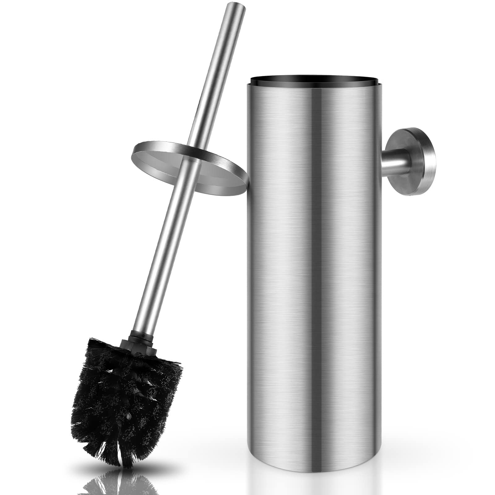 Wall Mounted Stainless Steel Toilet Brush, Toilet Brush with Closed Splash Proof Cover, Handle Bathroom Accessories Toilet Set, Toilet Brush Set with Water Collection Container for Bathrooms (Silver)