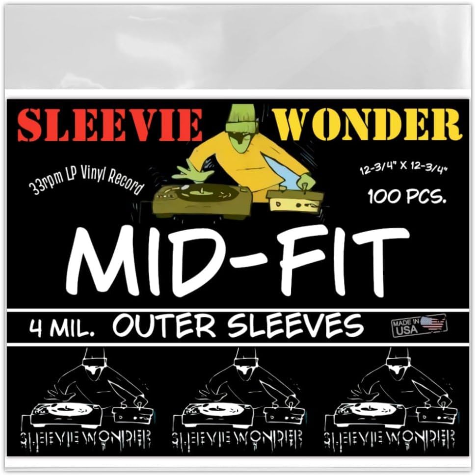 100 LP Outer Sleeves - Mid Fit 4mil USA Polyethylene - Thick Strong Plastic for 33rpm 12" Vinyl Record Albums 12-3/4" x 12-3/4" (+1 Free Dj Sticker)