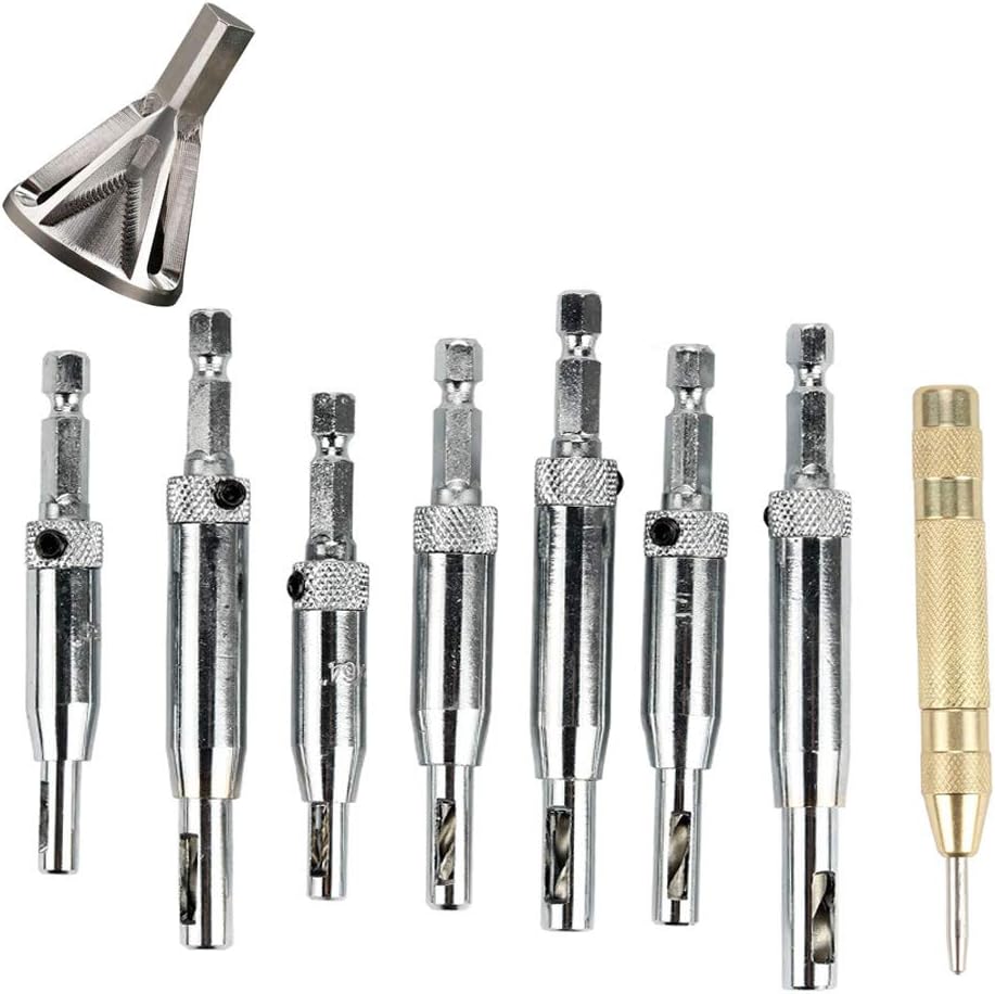Deburring External Chamfer Tool Remove Burr Tool, 7pcs Center Drill Bit Doors Self Centering Hinge Tapper Core Drill Bit Set, 5” Automatic Spring-Loaded Center Hole Punch Tool Set