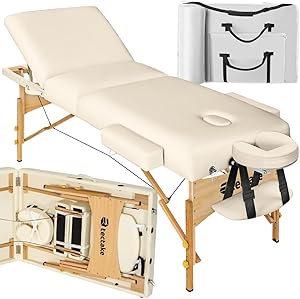 tectake® Mobile Massageliege klappbar, mit 3 Zonen, Massagetisch mit 7,5cm Polsterung, höhenverstellbar, Kopf- und Armstütze, Massagebank mit Holzfüßen, Tragetasche - beige