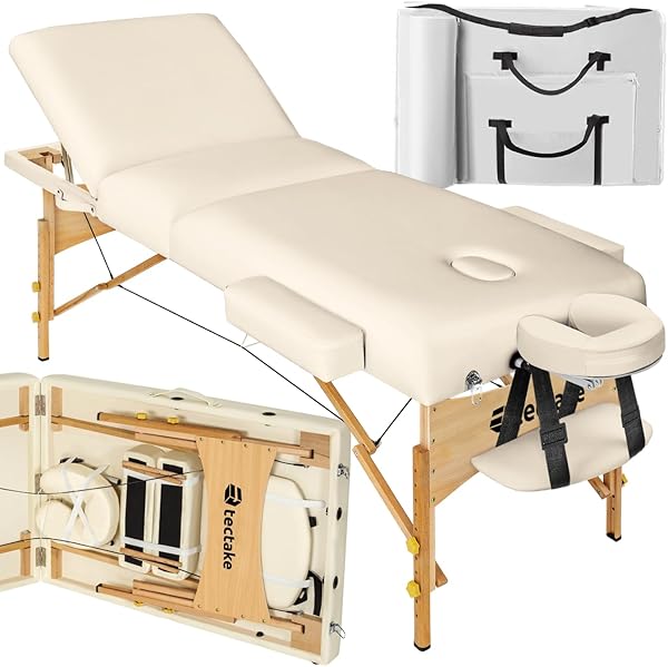 tectake® Mobile Massageliege klappbar, mit 3 Zonen, Massagetisch mit 7,5cm Polsterung, höhenverstellbar, Kopf- und Armstütze, Massagebank mit Holzfüßen, Tragetasche - beige