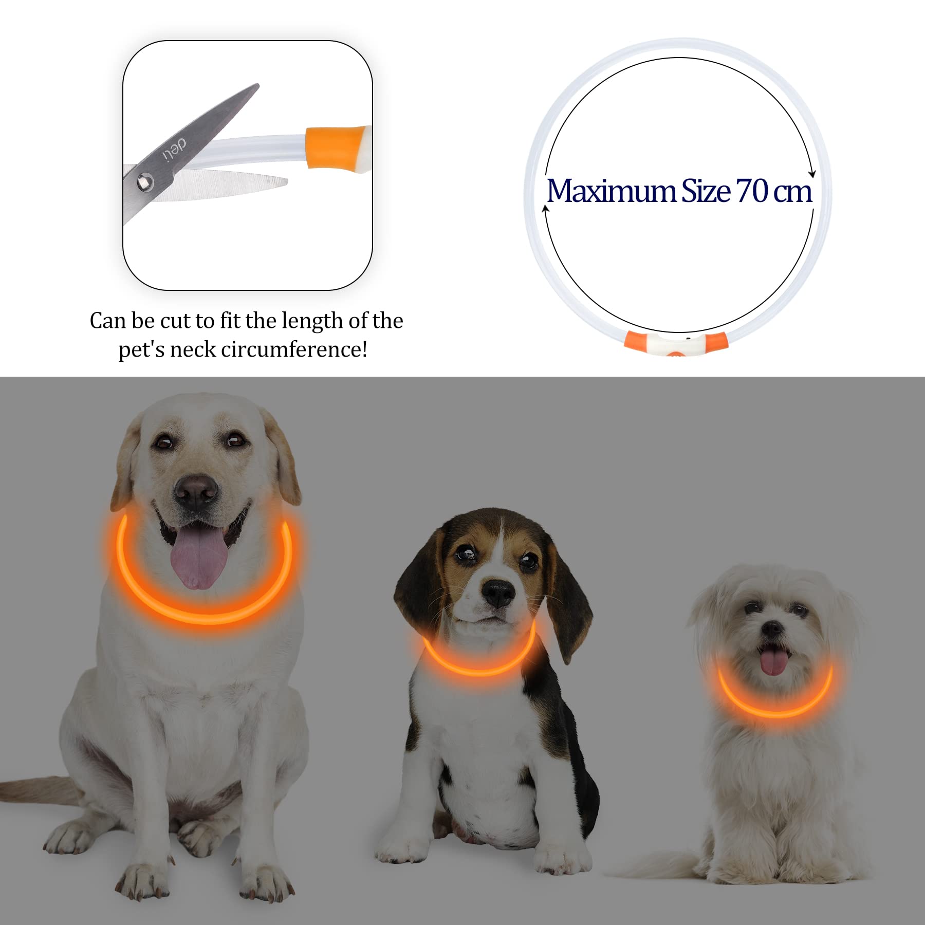 Coolzon Collare Luminoso per Cani USB Ricaricabile, Collare Cane Luminoso Impermeabile con 3 Modalità Di Luce, Regolabile Collare LED per Cani Gatti Taglia Piccola Media Grande, Arancia