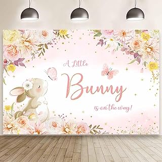 MEHOFOND 7x5ft Easter Bunny Baby Shower Backdrop for Girl Pink Floral A Little Bunny is On The Way Photography Background Spring Butterfly Rabbit Easter Baby Shower Party Decor Cake Smash Photo Prop