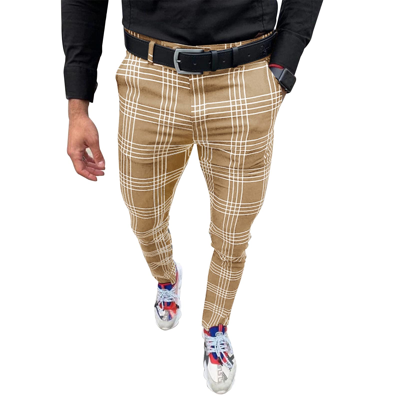 Men's Fashion Stretch Dress Pants Slim Fit Plaid Pants Business Suit Pants Casual Golf Pants