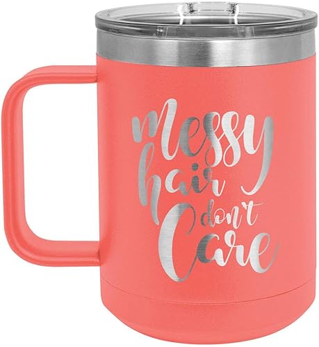 MESSY HAIR DON'T CARE Coral Taza de café de 15 oz con tapa deslizante | Taza de café de viaje aislada | Ideas de regalo únicas de mujeres u hombres