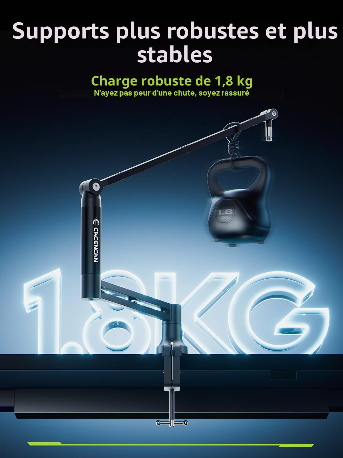 CACENCAN M05 Bras perche, support de microphone rotatif à 360° avec support de bureau, bras de micro de bureau pliable avec adaptateur à vis de 3/8" à 5/8", bras de microphone pour diffusion (Noir)