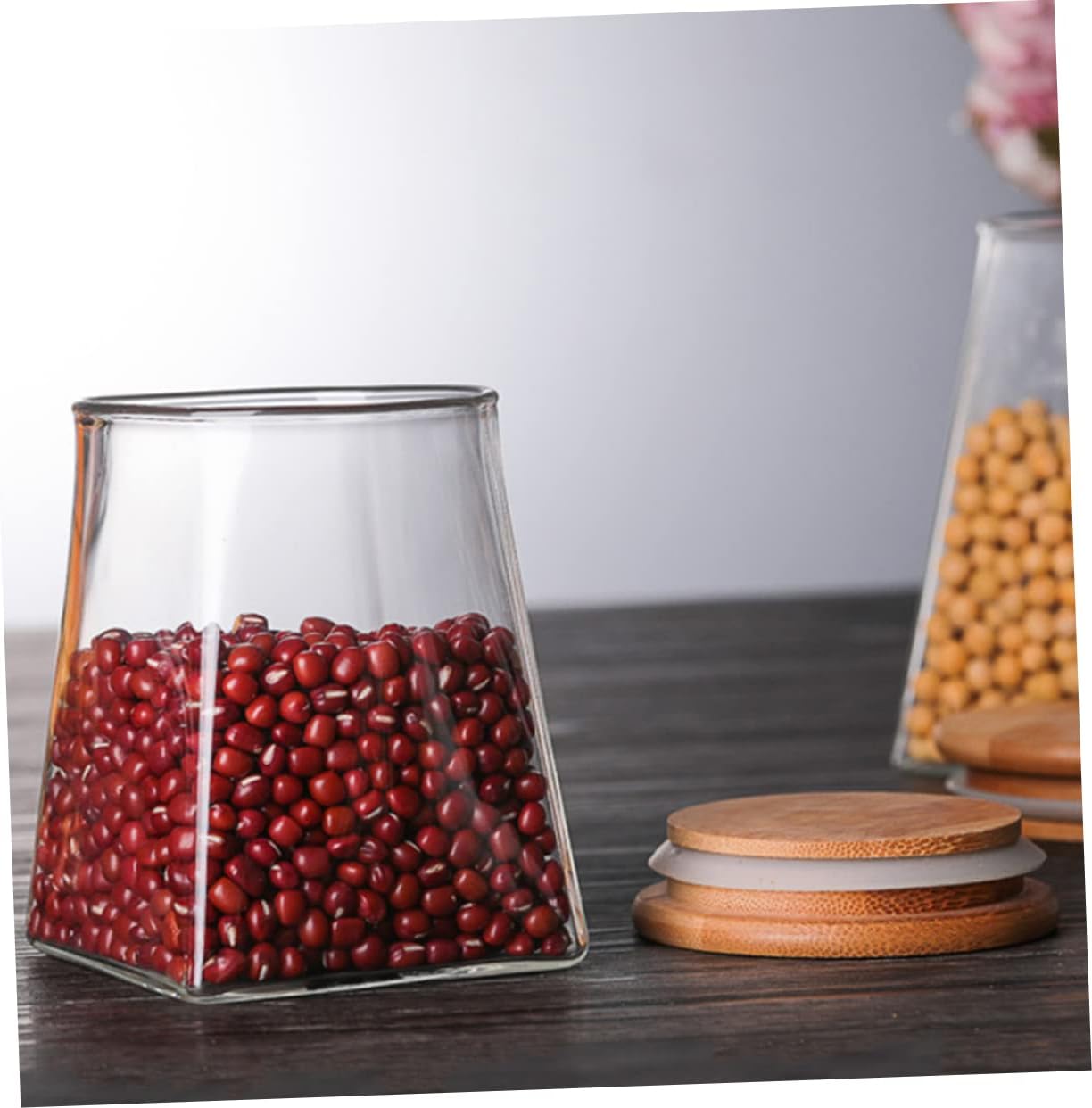 Unomor Geometric Grains Storage Tank Airtight Glass Food Storage Jar Sealed Container with Wooden Cover for Kitchen Pantry Organization Keeps Dry Foods Fresh Unomor Geometric Grains Storage Tank Airtight Glass Food Storage Jar Sealed Container with Wooden Cover for Kitchen Pantry Organization Keeps Dry Foods Fresh