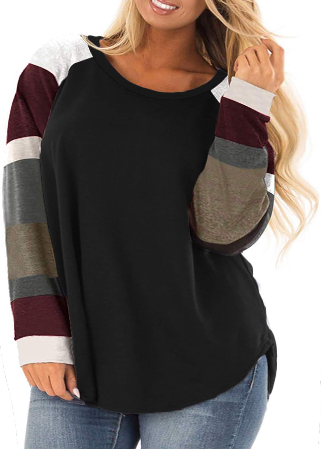 ROSRISS Womens Plus Size Long Sleeve Tunic Crewneck Colorblock Striped Tee Shirt