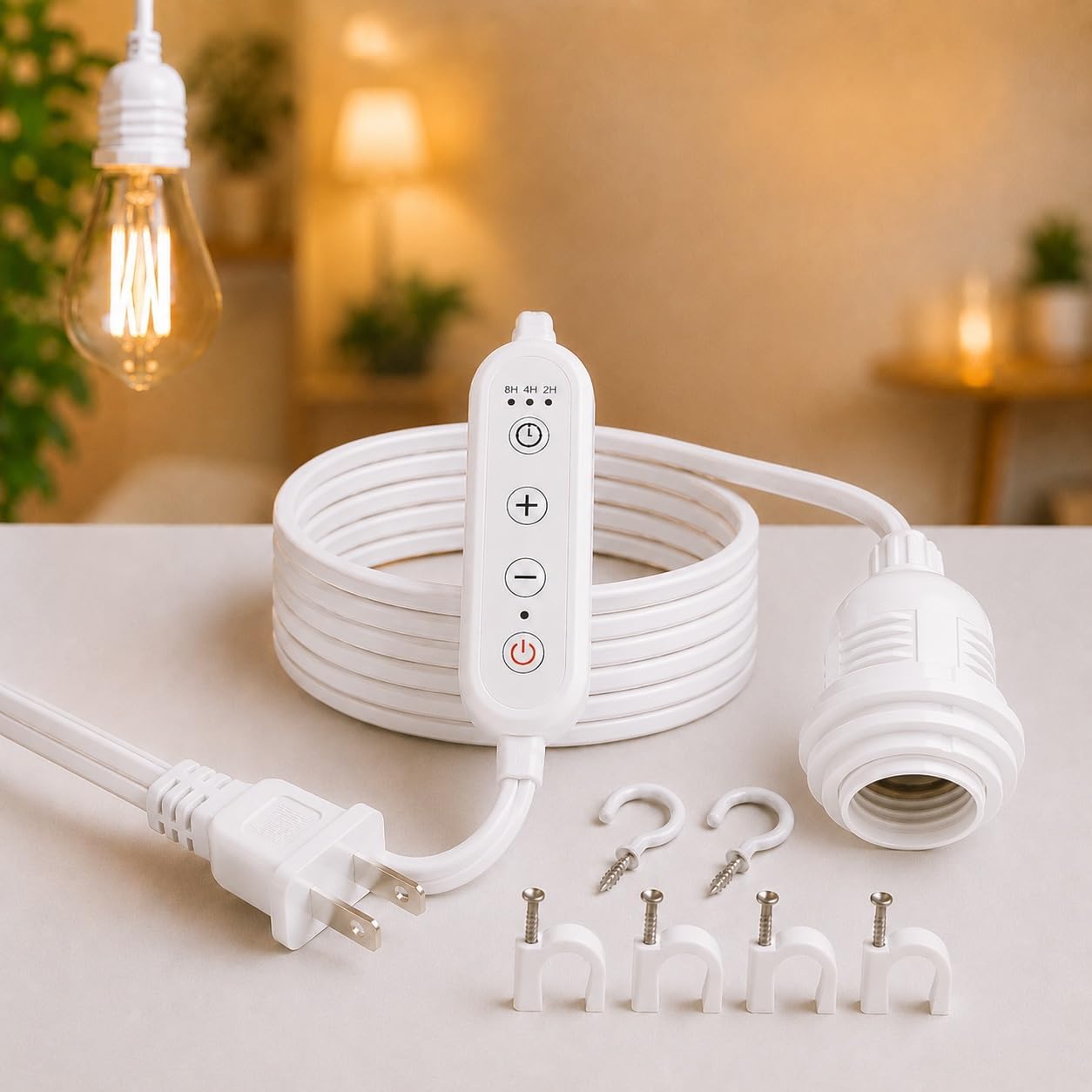 Pendant Light Cord with E26/E27 Socket, 15FT Extension Cable, Stepless Dimming, 2/4/8H Timer, On/Off Switch, Lampshade Holder – Hanging Light Kit for DIY Pendant Lamp, Plug in Pendant Lighting – White