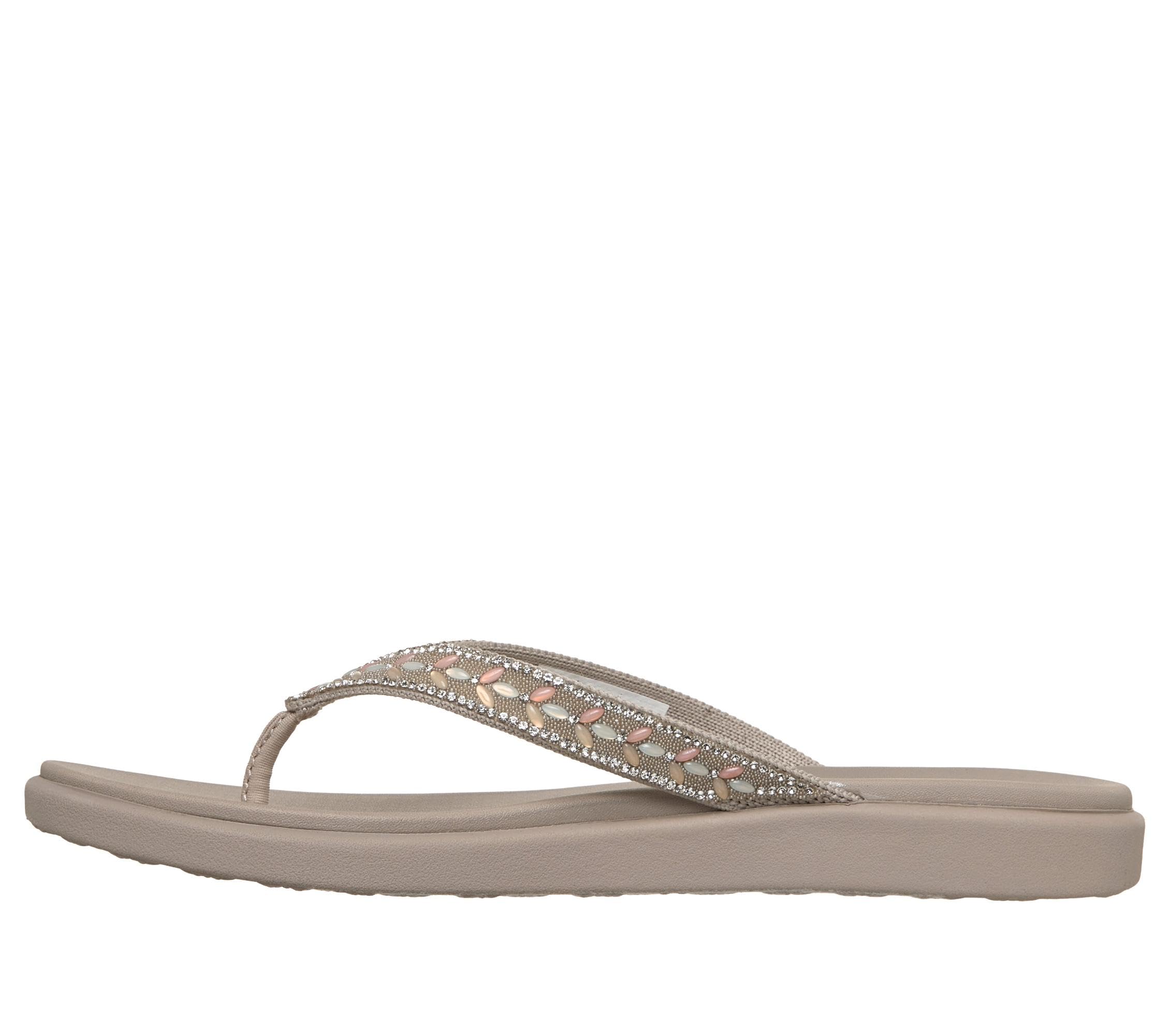 Skechers Damen Meditation Luxe-Floral Embellished Flache Sandale | Luxe Foam Cushioned Footbed, Arch Comfort Support, Vegan Materials, Rhinestone Floral Embellishments, Jewel Flip Flop Sandal