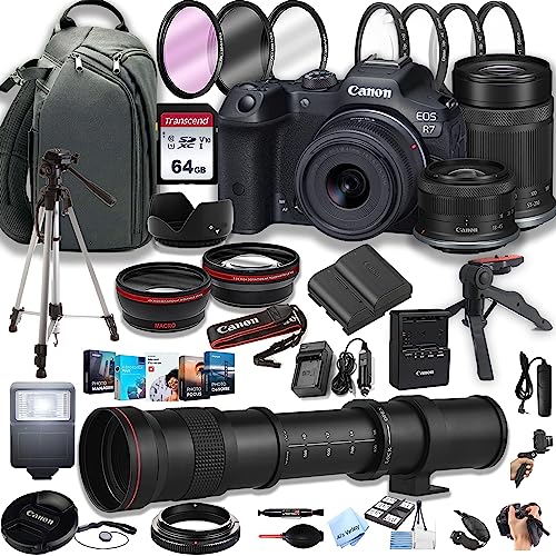 Canon EOS R7 Mirrorless Digital Camera with RF-S 18-45mm f/4.5-6.3 is STM Lens + 55-210mm f/5-7.1 is STM Lens + 420-800mm Super Telephoto Lens + 64GB Memory Cards, Professional Photo Bundle (44pc)