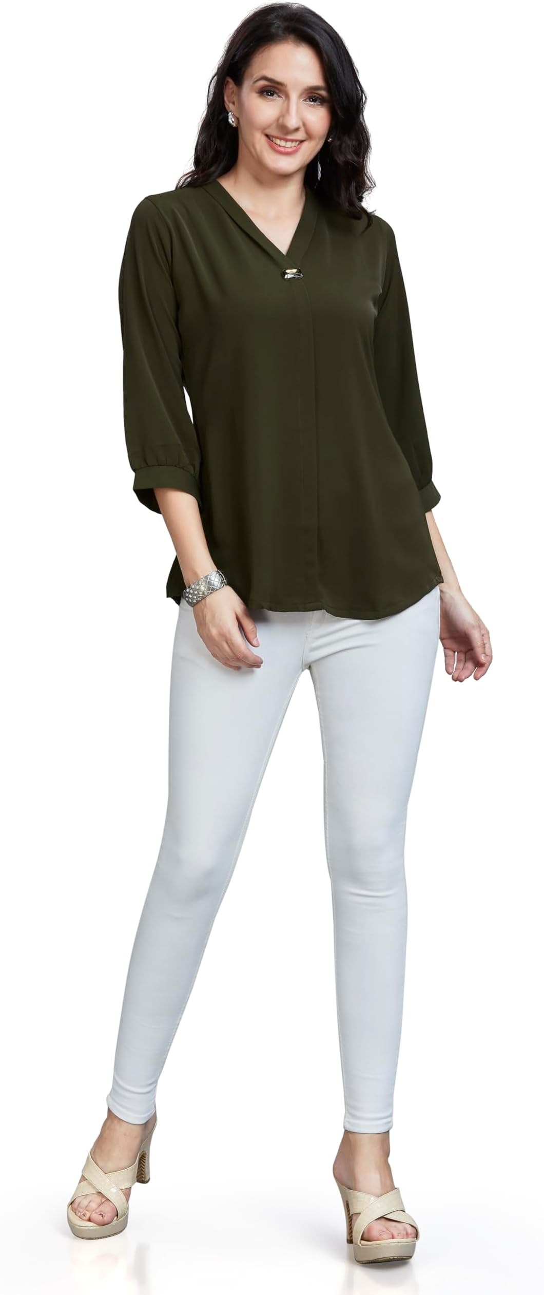 NIONIWomen’s Solid Tunic with Fashionable V-Fold Neck, Micro Pleated Rayon Kurti, Lycra Material, 3/4th Sleeve Short Kurta for Woman & Girl