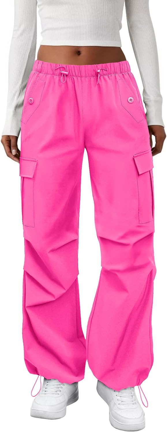 COPYLEAF Cargo Pants Women Elastic Waisted Parachute Hiking Pants with Pockets Water Resistant Lightweight Baggy Pants
