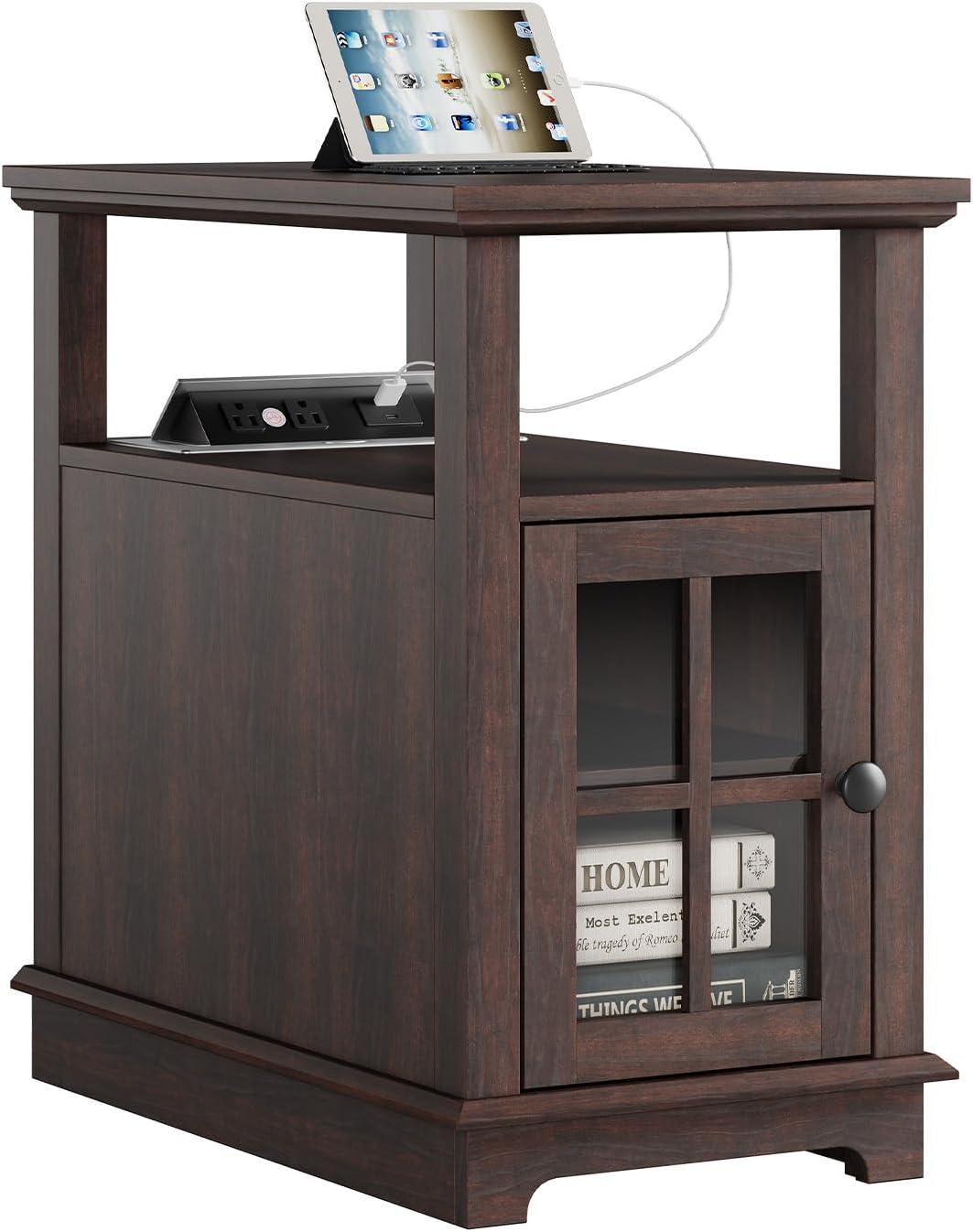 - Narrow End Table with Charging Station, Flip Top Design, Type-C & USB Ports & Outlets, Adjustable Shelf for Storage in Living Room, Bedroom, Home Office