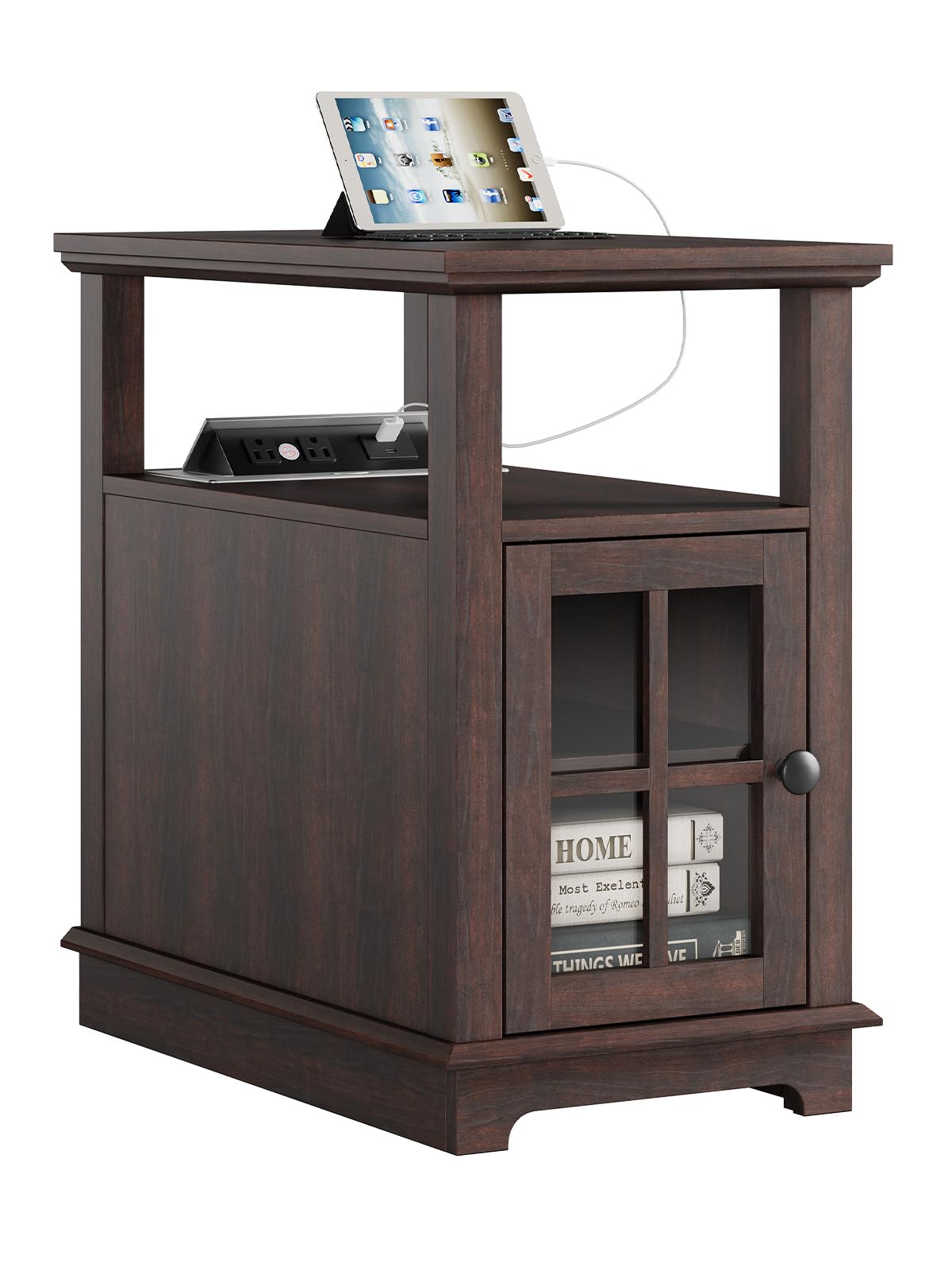 HIFYOBRO Narrow End Table with Charging Station, Flip Top Design, Type-C & USB Ports & Outlets, Adjustable Shelf for Storage in Living Room, Bedroom, Home Office