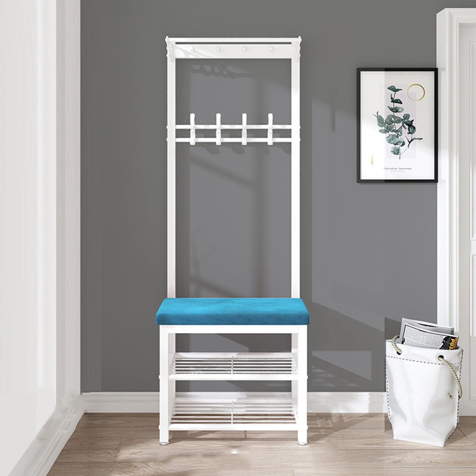 WJFTODAY Industrial Coat Rack with Shoe Storage & Bench Stylish Entryway Hall Tree Blue 60CM Perfect for Home Office Mudroom & Entryway Decor.