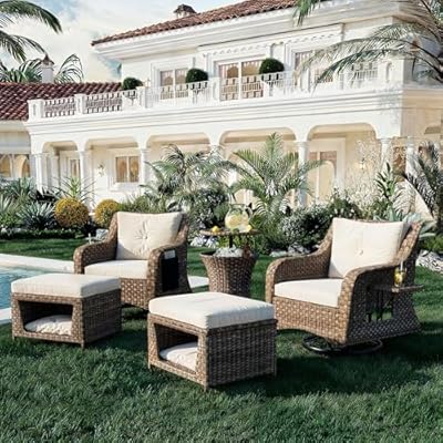 Merax Luxury Swivel Rocker High Back Chairs Outdoor, 5 Piece Oversized Patio Rocking Chair Sets with Pet House Ottomans, Cool Bar Table, Side Folding Trays & Pockets for Porch and Pool, Beige