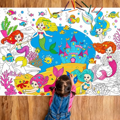 Tevxj Mermaid Coloring Poster for Kids Giant Coloring Poster Summer Party Decoration Games Coloring Tablecloth Books Huge Large Pages Sheets Paper Roll for Craft Activity Classroom Supplies