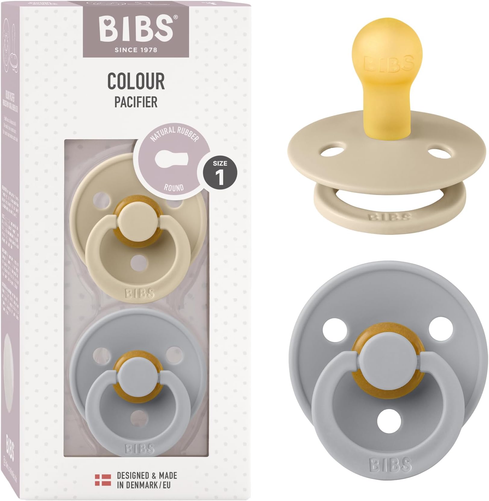 BIBS Pacifiers Colour Collection | Natural Rubber Baby Pacifier | Set of 2 BPA-Free Soothers | Made in Denmark | 0+ Months (Pack of 2) | Vanilla/Cloud