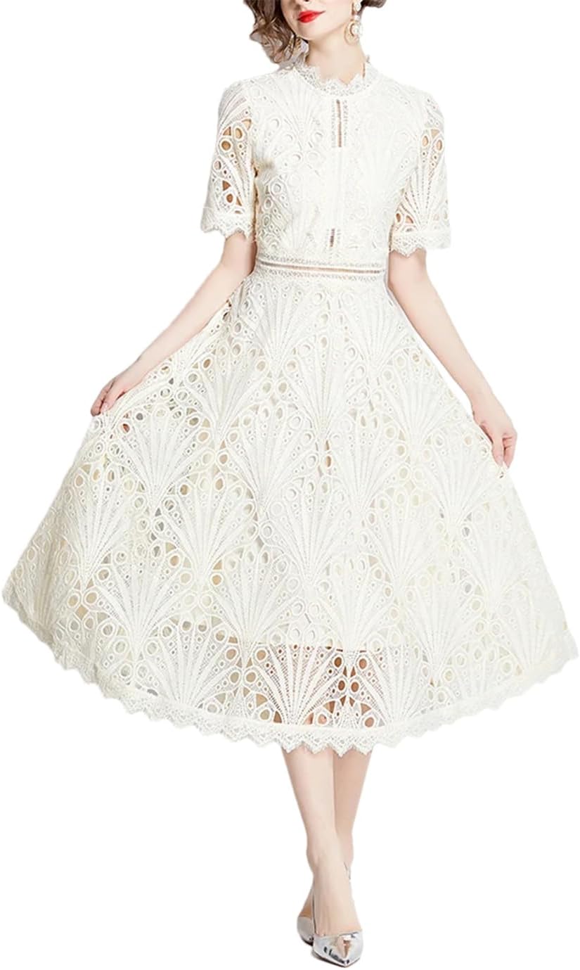 Women's Lace Flower Embroidered Dress Short Sleeve Hollow Waist Mock Neck A-Line Midi Dresses
