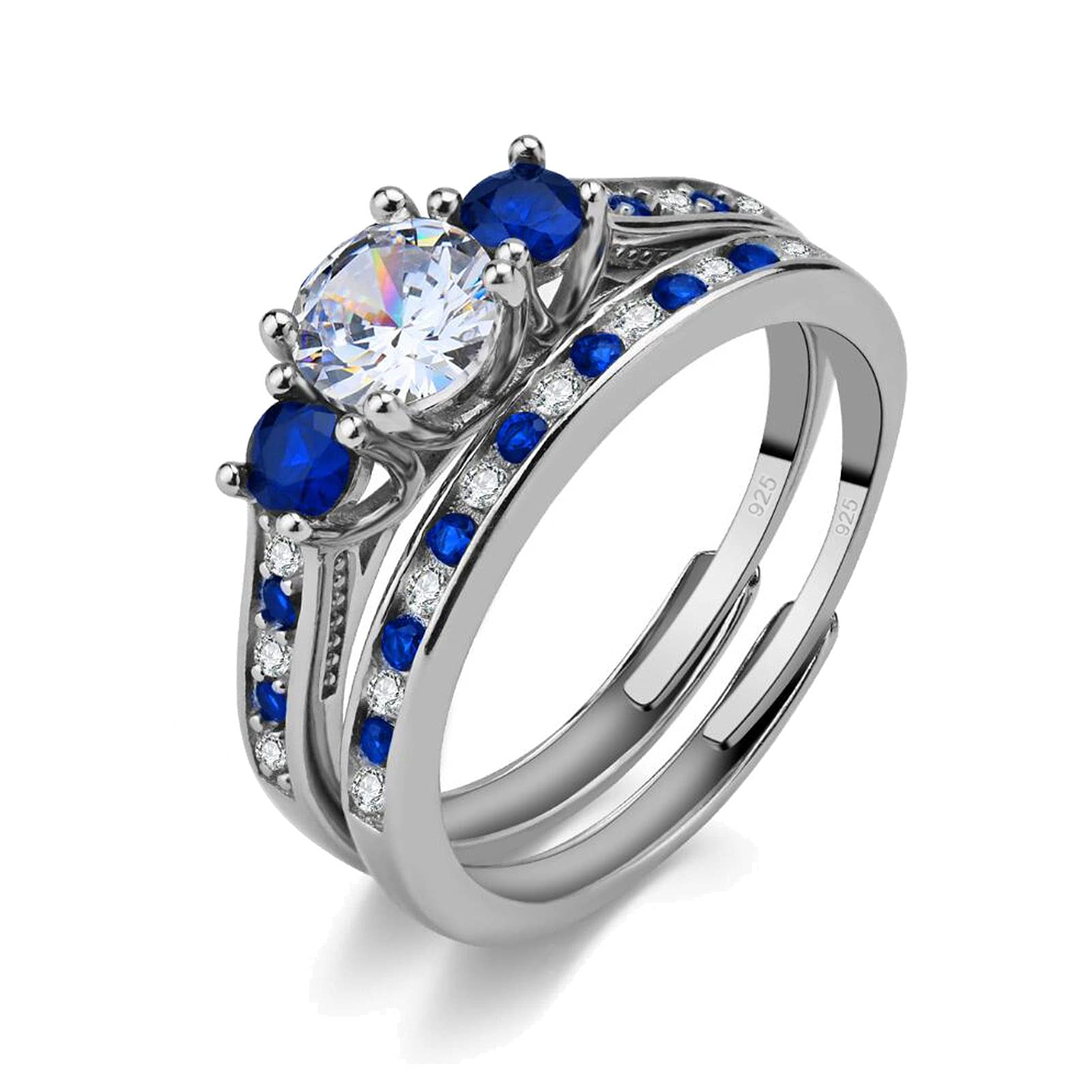 MashanAdjustable Size Women Wedding Ring Sets 10K Gold Plated 925 Sterling Silver 1.5ct AAAAA CZ Three Stone Engagement Ring Blue Cz Wedding Band