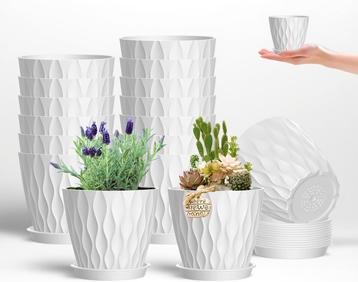 16 Pack 4 Inch Plastic Planter Pots with Tray, Heavy Duty Indoor Outdoor Planter Pots with 48 Drainage Holes for Herbs, Succulents, Seedlings, Flowers Durable and Lightweight White