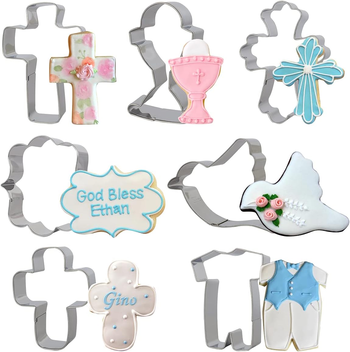 Baptism Cookie Cutter Set - 7pcs Cross Dove Pigeon Cutters First Communion Religious Baptism Holy Cross Stainless Steel Metal Biscuit Mold