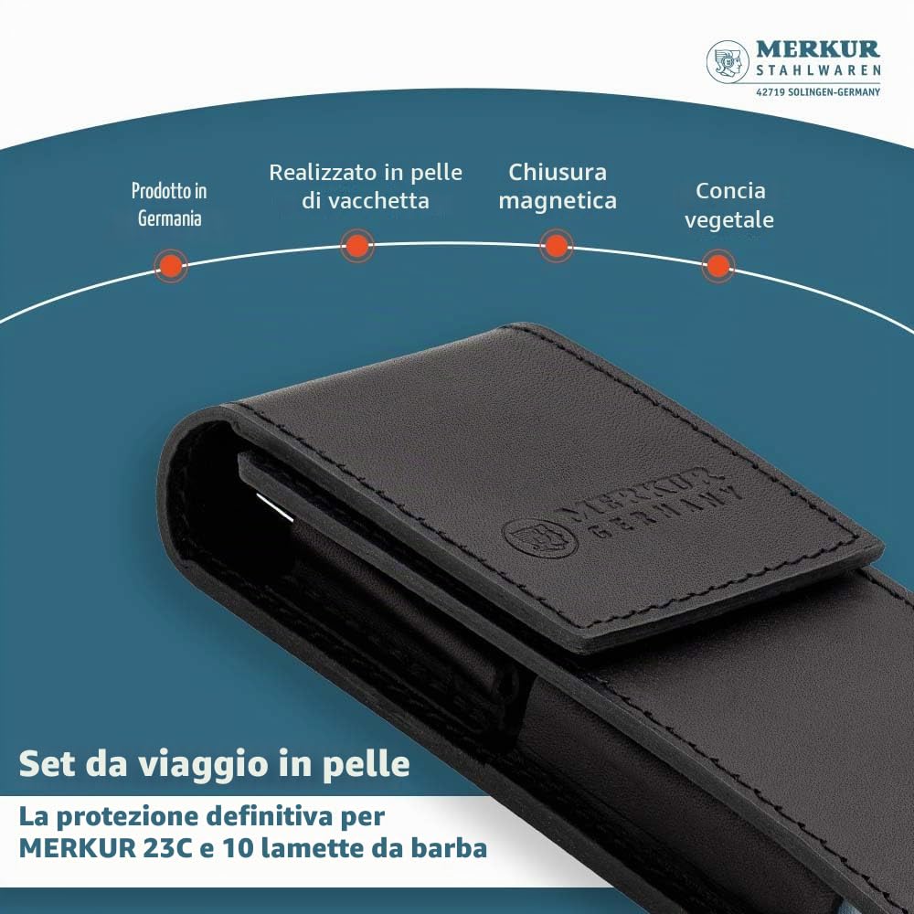 MERKUR Set da barba da viaggio 5005 con rasoio di sicurezza MERKUR 23C in tre pezzi con manico lungo e finitura cromata lucida, 10 lame a doppio bordo e custodia in pelle nera, prodotto in Germania