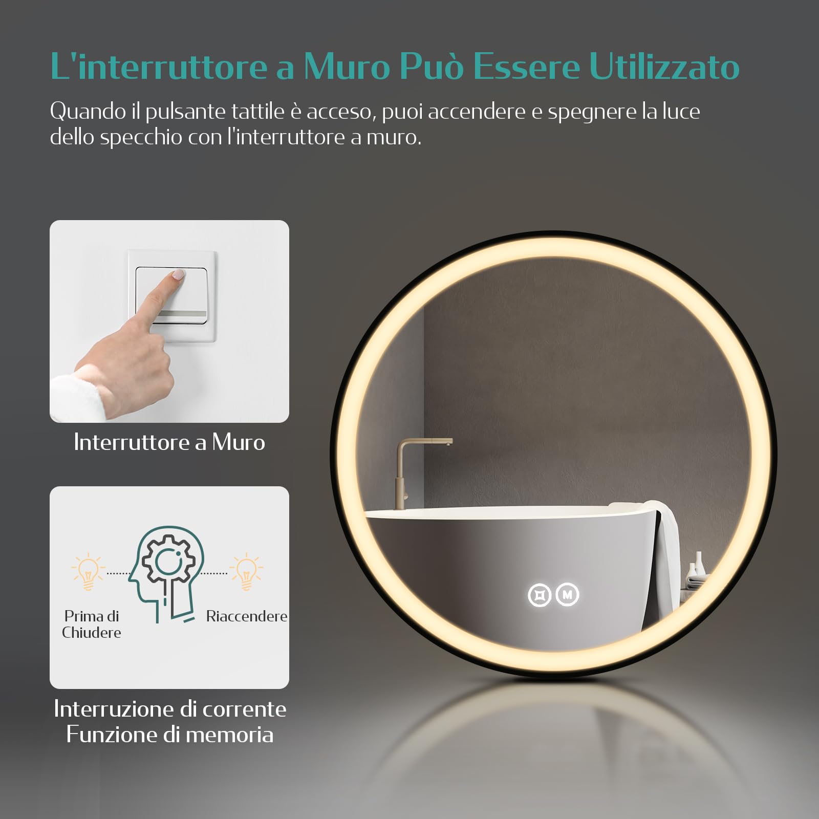 EMKE Specchio Bagno Rotondo con Luce 50 cm, Interruttore Tattile | Specchio Bagno LED con Bianca Fredda 6500K / Calda 3000K / Neutra 4000K