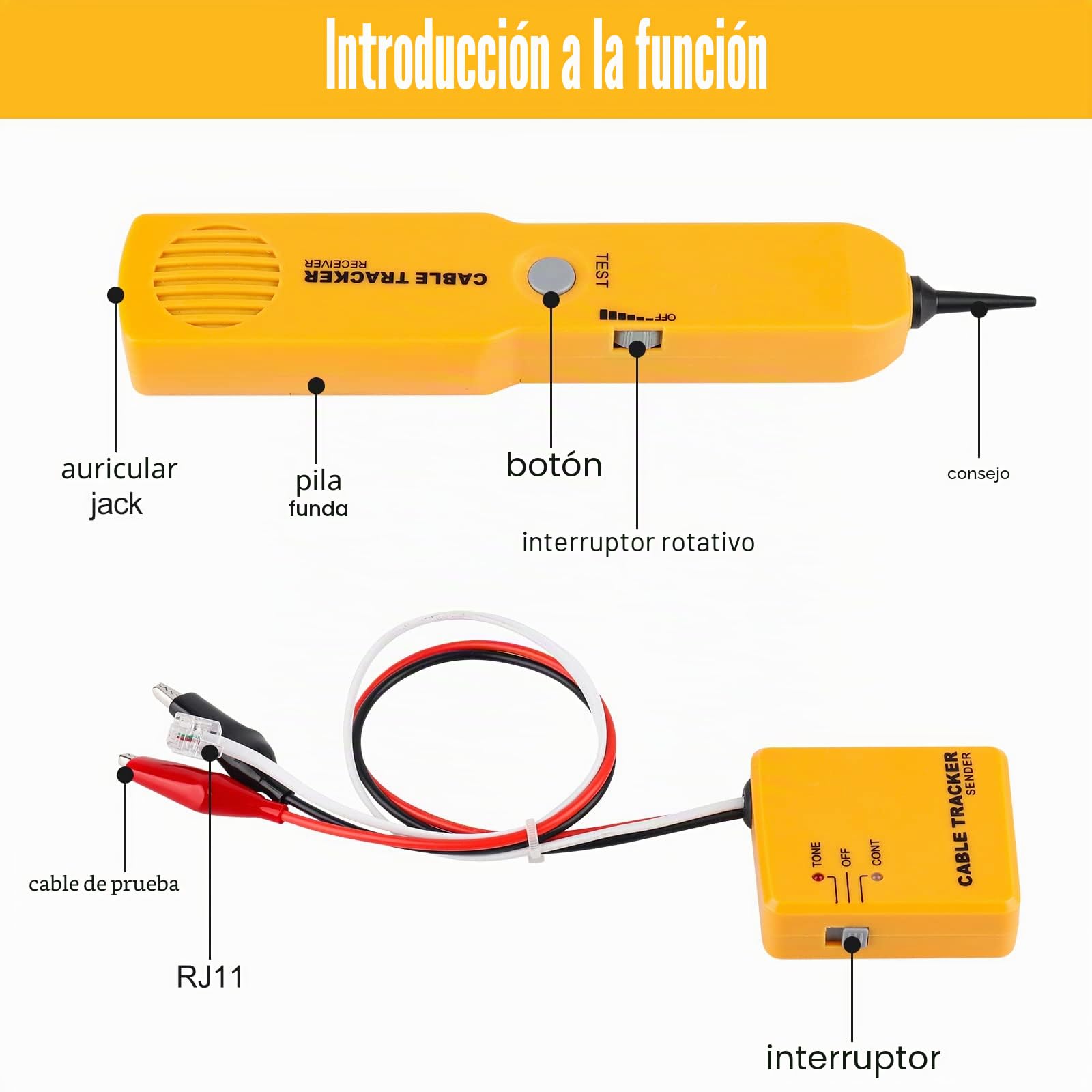 Probador de Circuito y Trazador de Cables, Generador de Tono, Probador de Cable de Red Enchufe RJ-11, Búsqueda y Localización, Continuidad del Circuito de Prueba