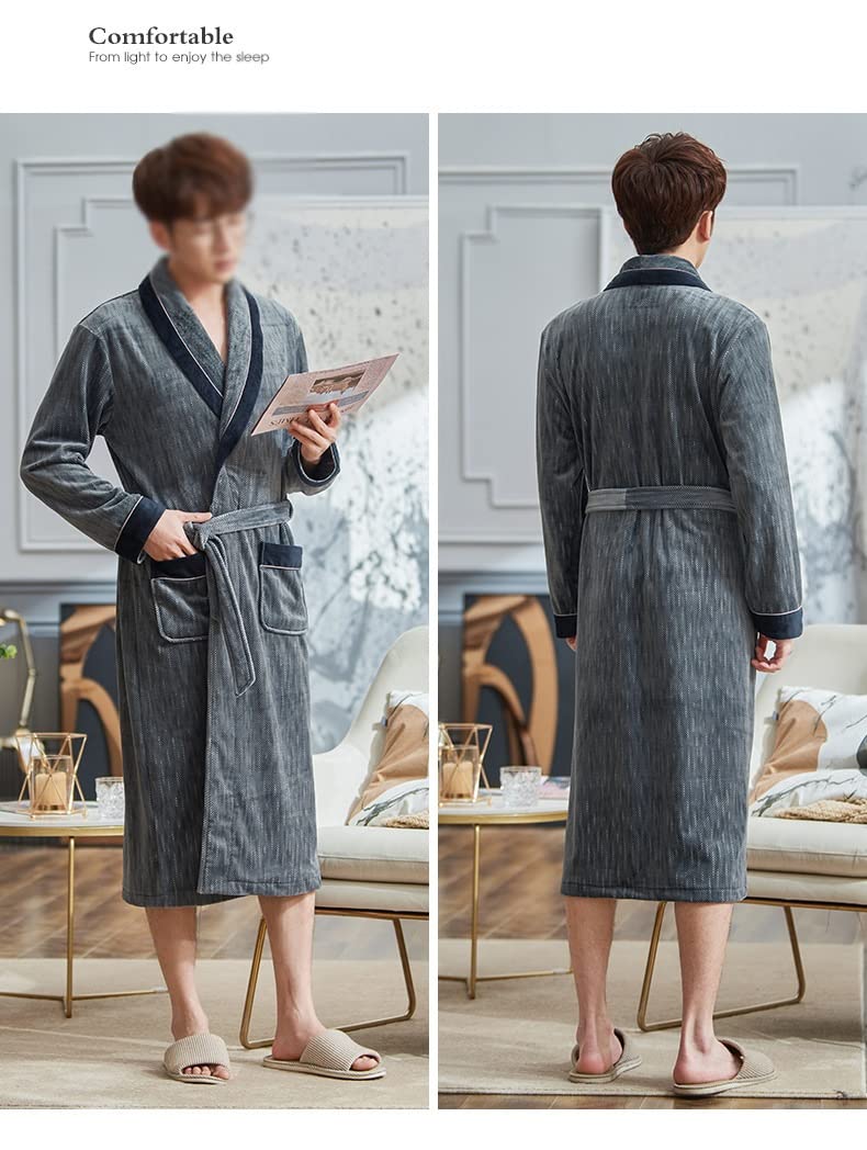Bathrobe Flannel Man Bathrobe for Home Lengthen Warm Robe Kimono Nightgown Dressing Gown(XL code)
