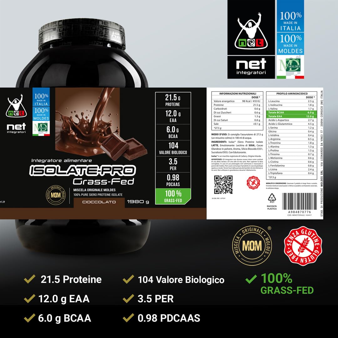 Net Integratori ISOLATE PRO Grass Fed - 1980g Cioccolato - Proteine Isolate Con EAA Aminoacidi Essenziali e BCAA - Massimizza La Sintesi Proteica e La Crescita Muscolare