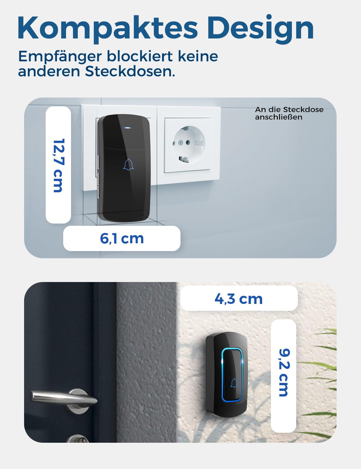 Funkklingel Set, AVANTEK Funk Türklingel Kabellose Hausklingel mit 400m Reichweite, Wasserdicht Funkklingel Außenbereich, 52 Klingeltöne, 5 Lautstärkestufen, 2 Plug-in-Empfänger