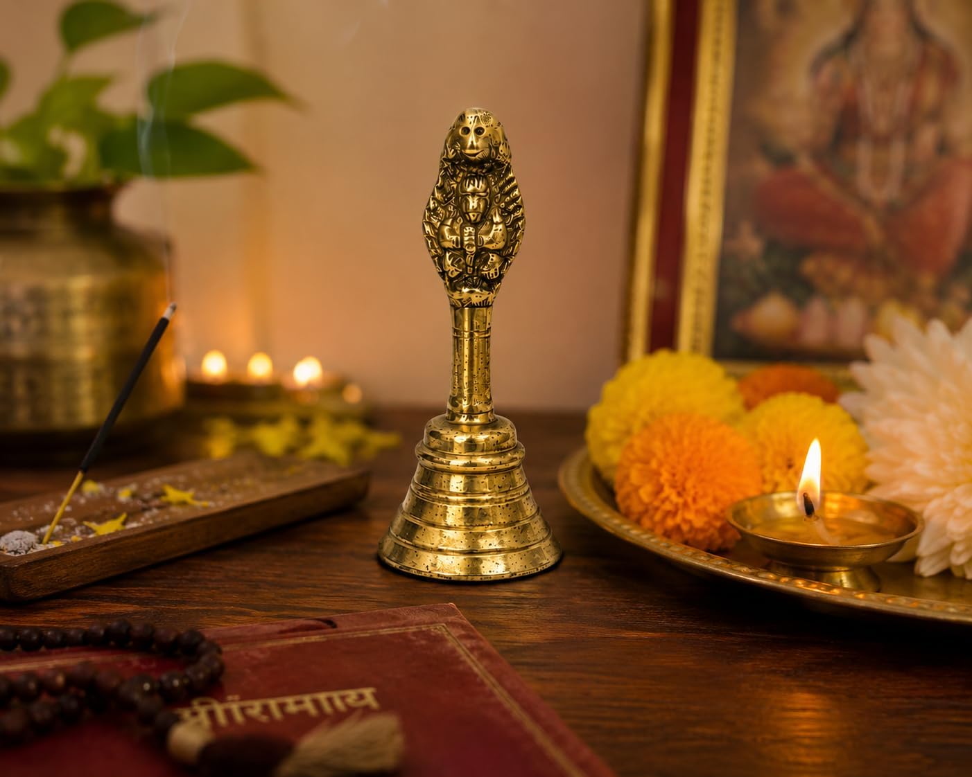 Handcrafted Brass Hand Bell Ghanti with Goddess Lakshmi Handle | Hindu Puja Ghanti for Mandir, Temple, Aarti, Meditation & Prayer | Traditional Indian Decorative Bell (3.7 Inch)