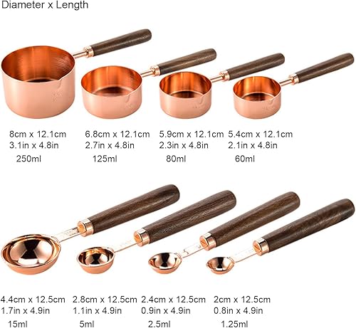 Miniatura 7 de JASHII Juego de 8 tazas y cucharas medidoras de oro rosa con mango de madera de acacia, herramientas de cocina de acero inoxidable para cocinar