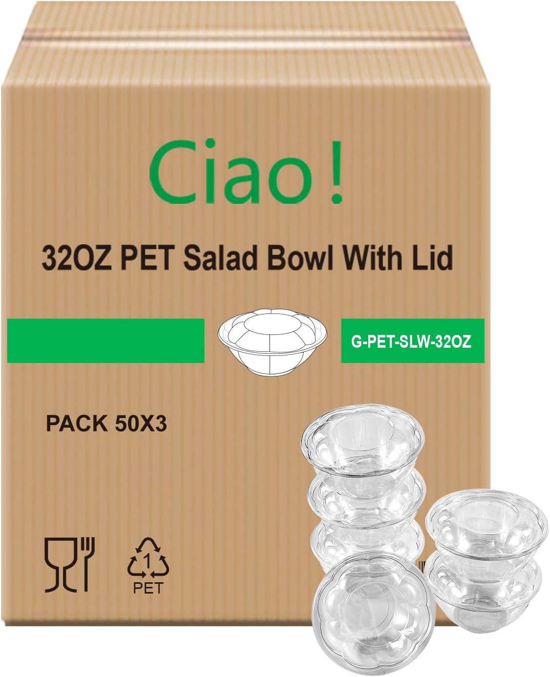 CIAO! 32 oz Clear PET Fruit and Salad Bowl with Rose Dome Lid (150/case)