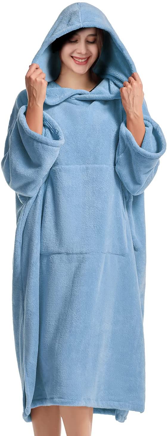 MUTAO Surf Poncho Changing Robe, Super Soft Swimming Poncho Changing Towel with Pocket and Hood for Outdoor Indoor (Blue)