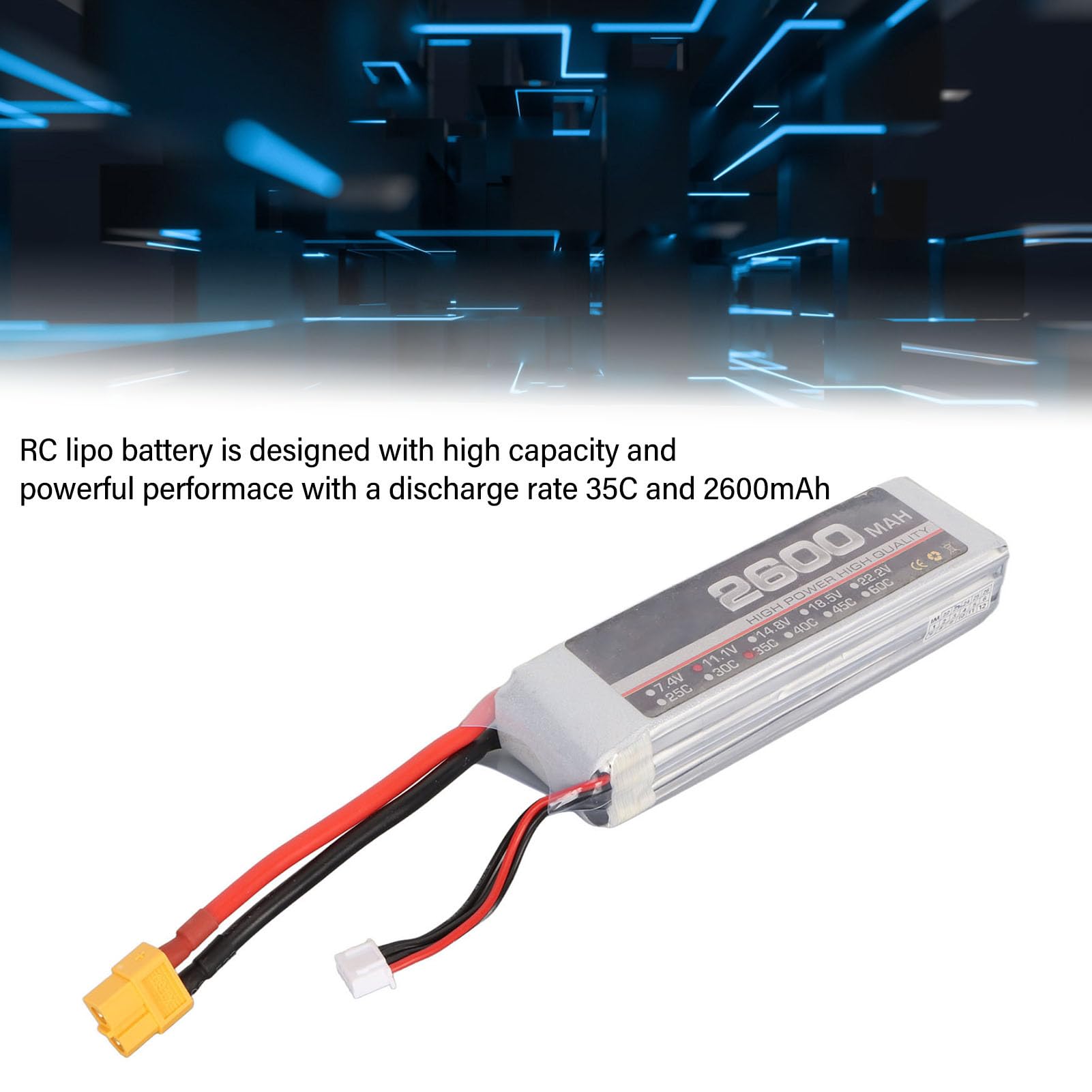 11.1V 35C 2600mAh 3S RC Lipo Batteria per FPV Racing Drone Quadcopter Elicottero Aereo RC Barca Modelli RC con Connettore XT60 Prestazioni di Scarica Elevate e Fonte (XT60)