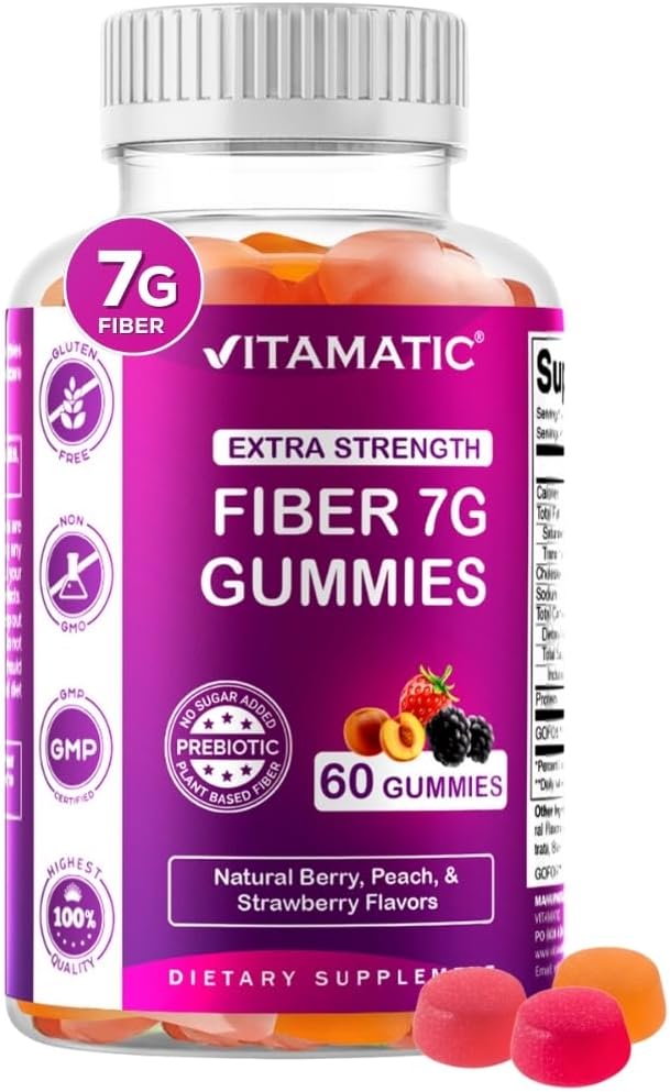 Vitamatic Prebiotic Fiber Gummies for Adults – 7g Fiber per Serving – 60 Pectin-Based Gummies Extra Strength, Zero Sugar Added – Supports Digestive Health & Regularity – Non-GMO, Vegan, Gluten-Free