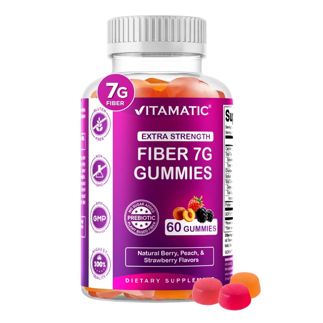 Vitamatic Prebiotic Fiber Gummies for Adults - 7G Fiber Extra Strength - Zero Sugar Added - 60 Pectin Based Gummies - Digestive Health & Regularity Support
