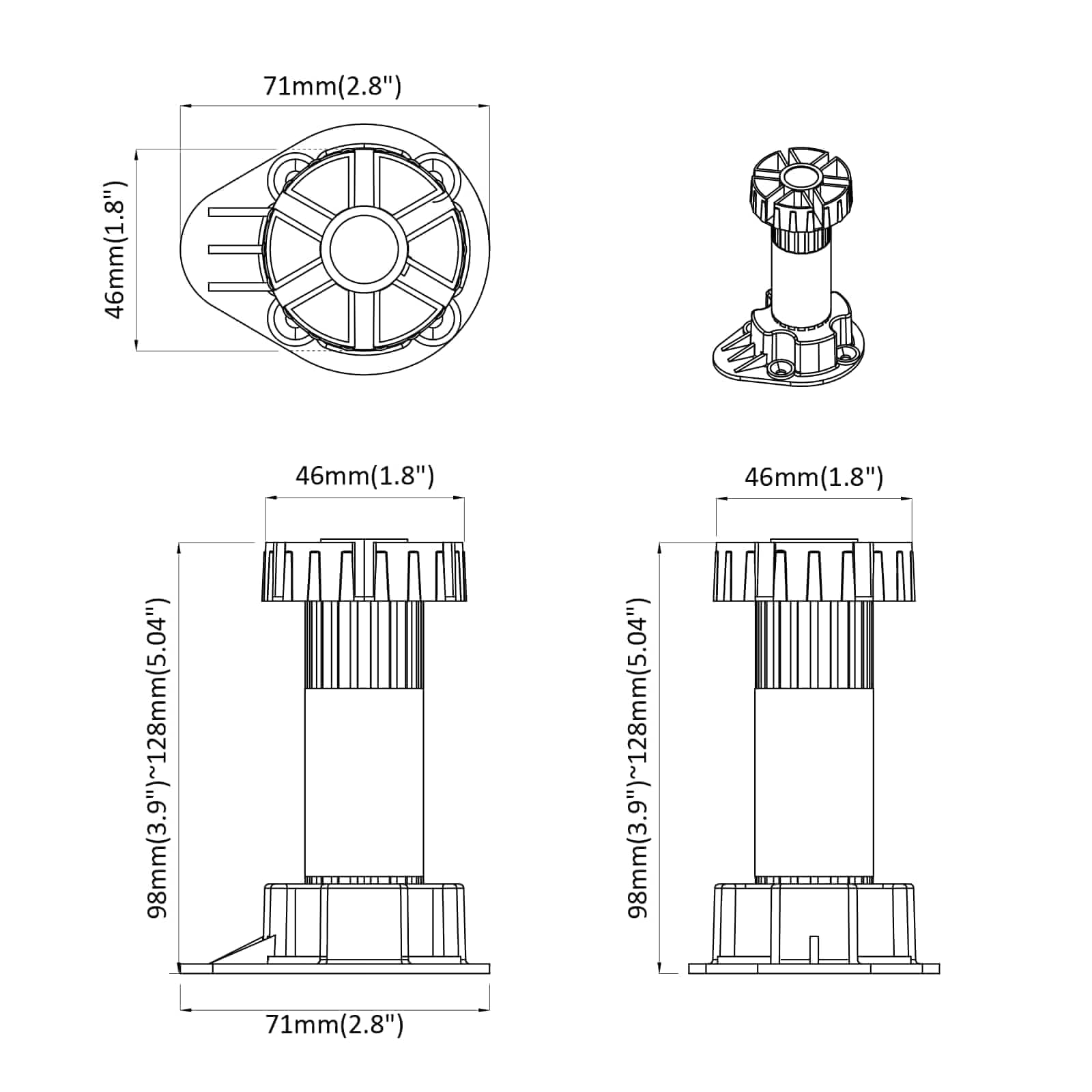 Nogi meblowe regulowane, 12 sztuk, czarne, 46 x 46 x 128 mm, PP z metalowym wspornikiem, trwałe i z regulacją wysokości 98-128 mm, idealne do elementów szafy, wsporników regałowych, montaż w