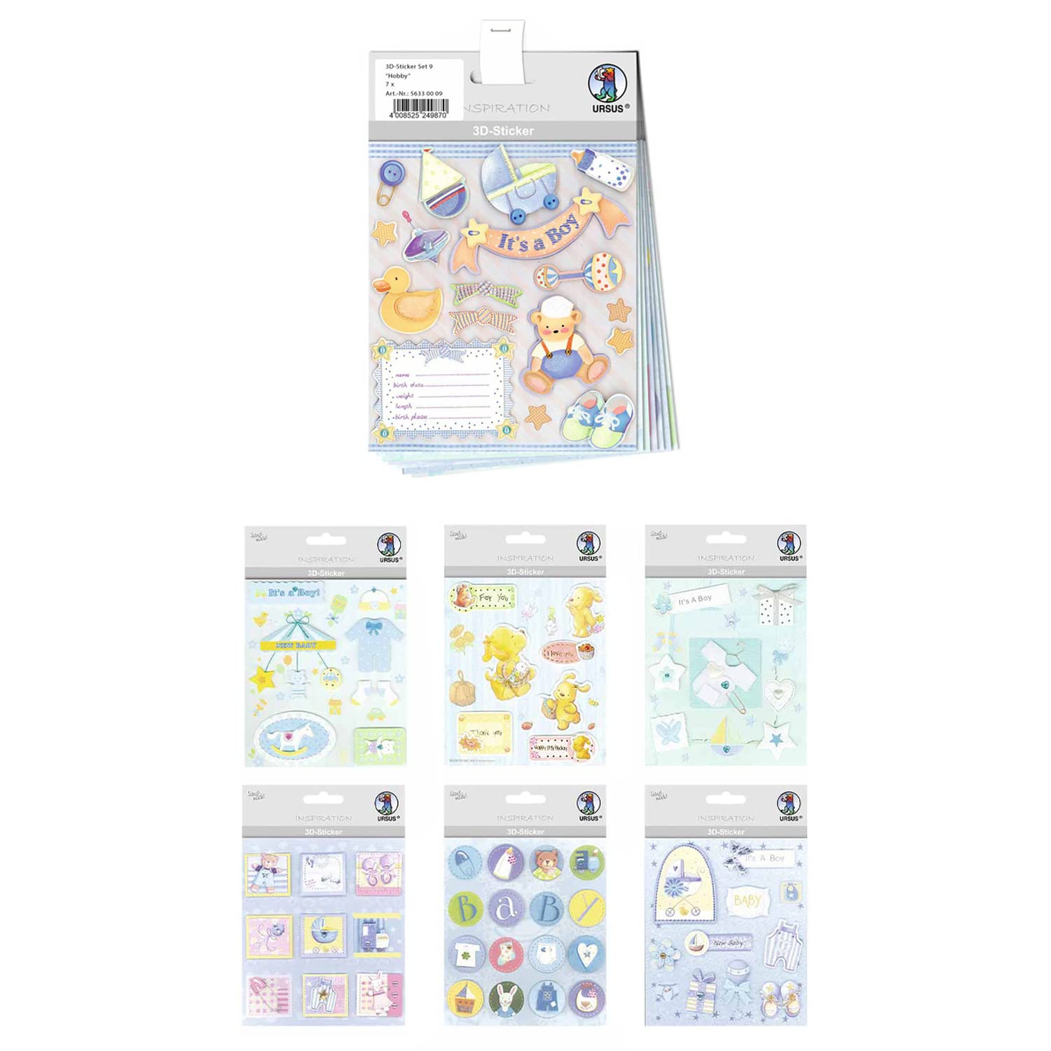 Ursus 56330008 3D Sticker Set Baby Boy Set with 7 Different Coloured Sticker Sheets Self-Adhesive Easy to Peel Off Suitable for Card Making