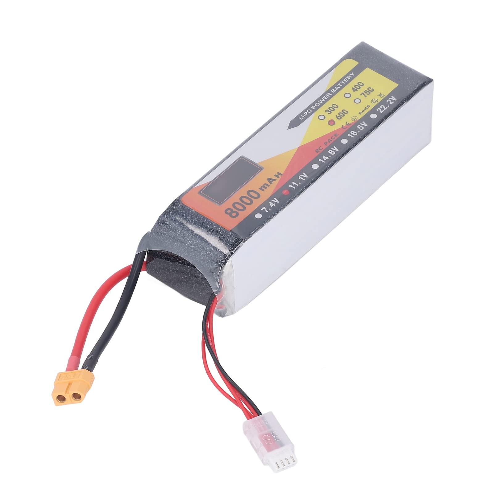 Batteria Lipo da 8000 mAh con tasso di scarica 60C, 11,1 V 3S, connettore XT60, ideale per modellismo di auto e elicotteri radiocomandati.
