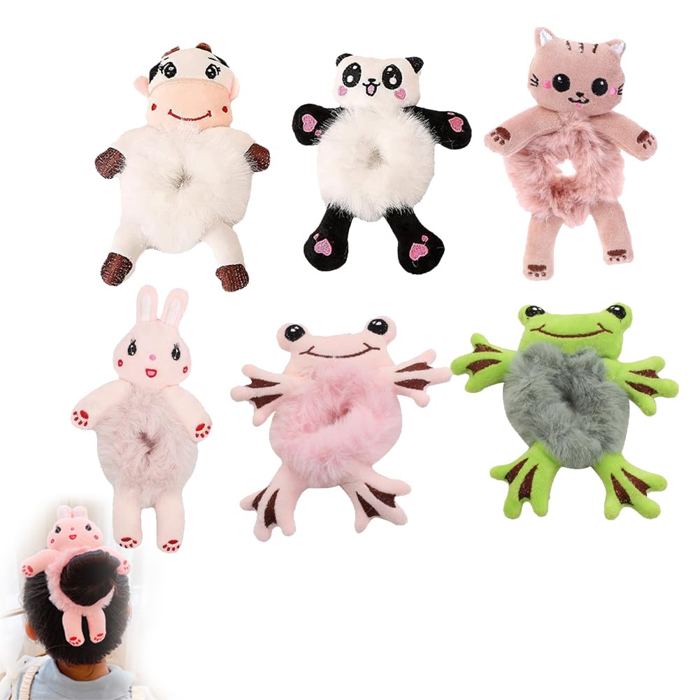 6Pcs Plush Animal Hair Scrunchies,Cute Cartoon Bunny Frog Panda Cat Cow Hair Bands Hair Ties Hair Accessories gift for Girls and Women