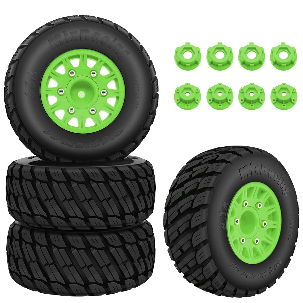 GLOBACT RC Truck Tires for 1/10 Scale Arrma Senton Tires Slash Tires Axial Redcat Rc4wd Hex Detachable Replacement 14mm 12mm RC Wheels and Tires (Green 4 Pcs)