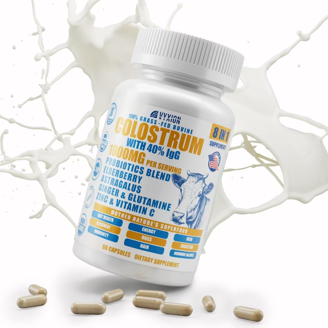 Vyxion Suplemento de colostro bovino com vitamina C, zinco, L-glutamina e probióticos, 1.000 mg, 60 cápsulas
